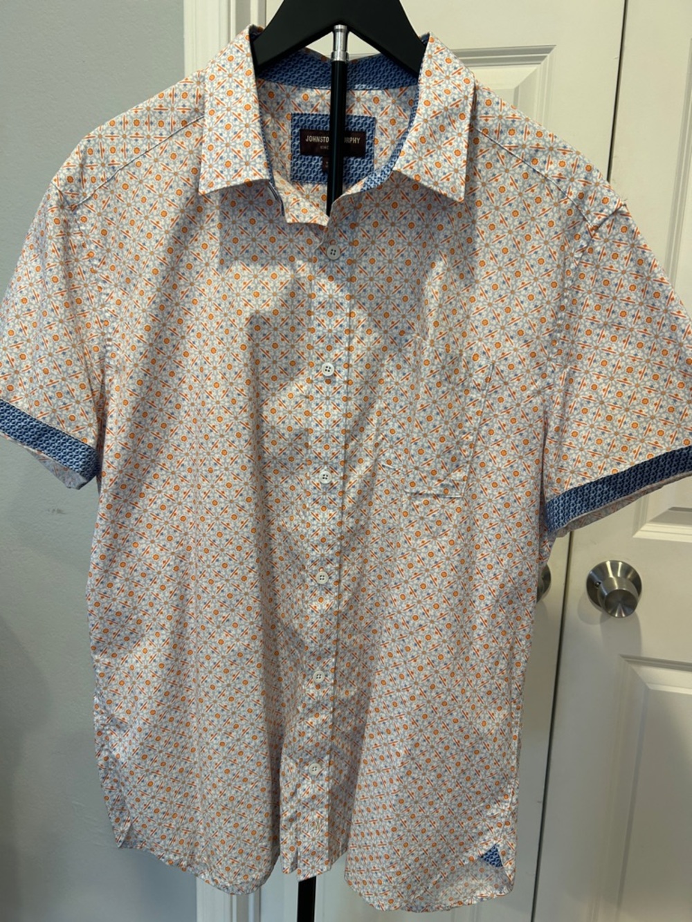 Johnston & Murphy Short Sleeve Button-Down Shirt - White with Orange & Blue